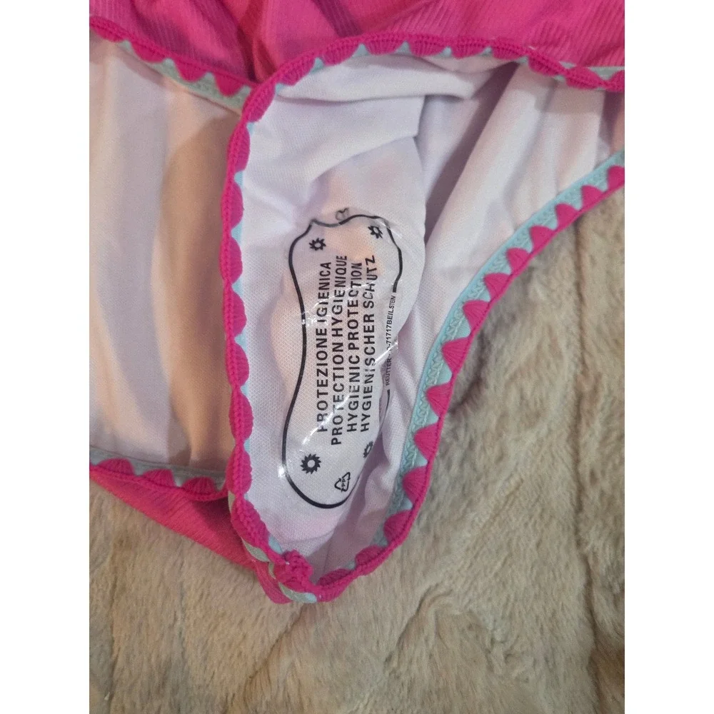 Girls Pink Ribbed One Piece Swimsuit Ric Rac Trim Adjustable Straps Size 11-12Y